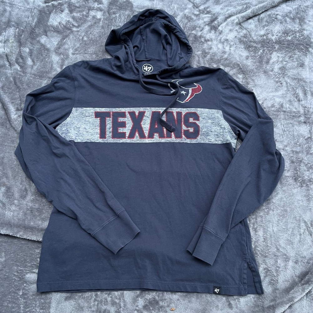 47 Brand Houston Texans Mens Medium Navy Blue Hooded Long Sleeve T-Shirt NFL